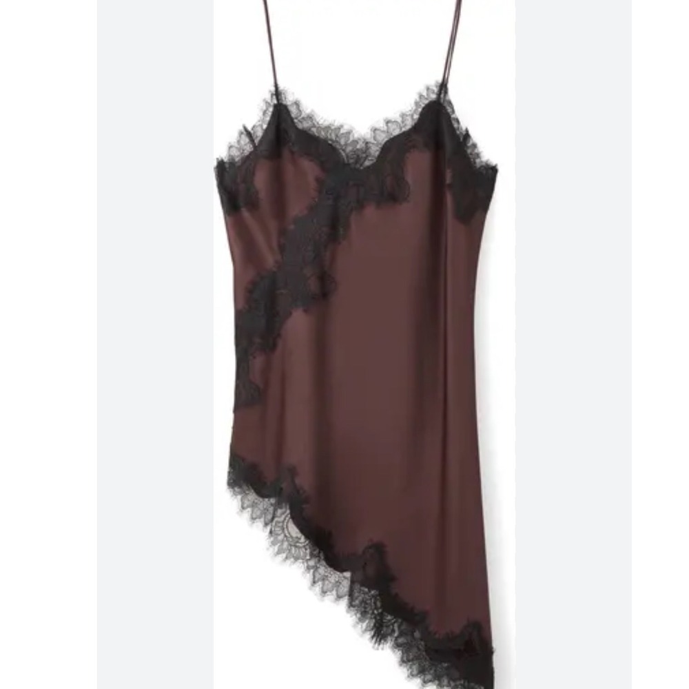 Dress Cloth by Design Brown Satin Black Lace Trim Asymmetrical XS Women XS